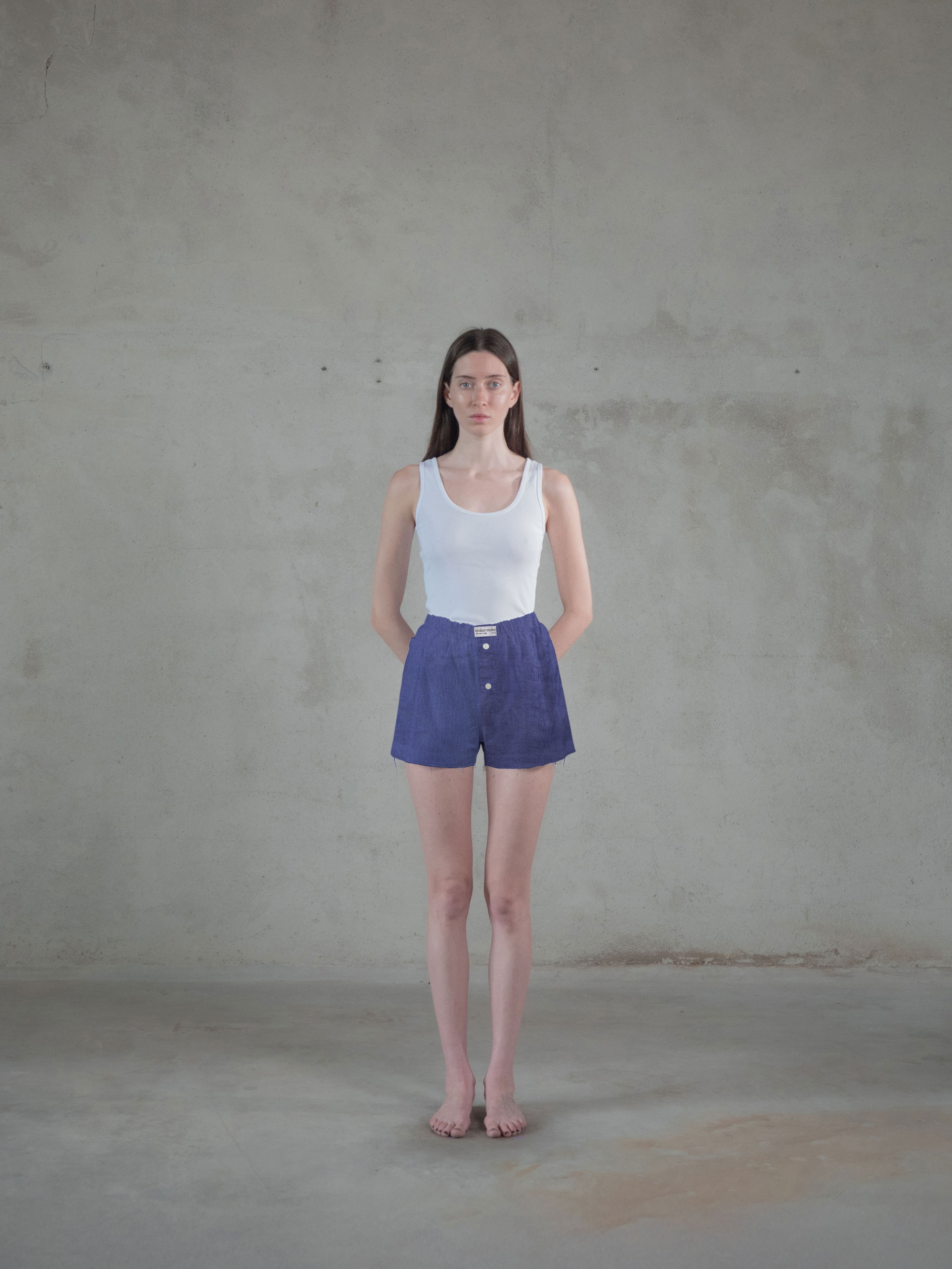 Regenerated Frayed Boxer - Sue Patch w/ Pocket Double Blue