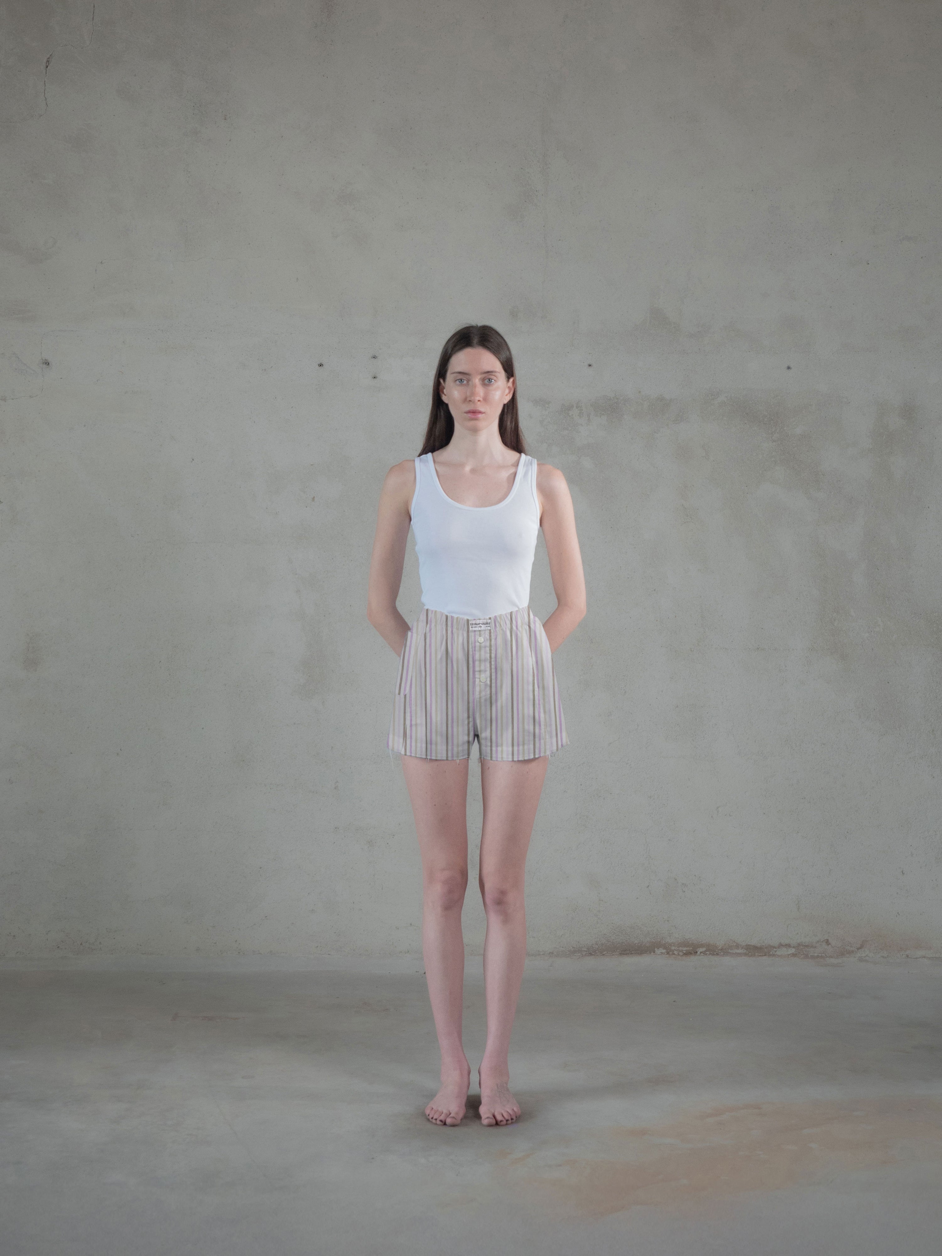 Regenerated Frayed Boxer - Sue w/ Pocket White Beige Pink Stripes