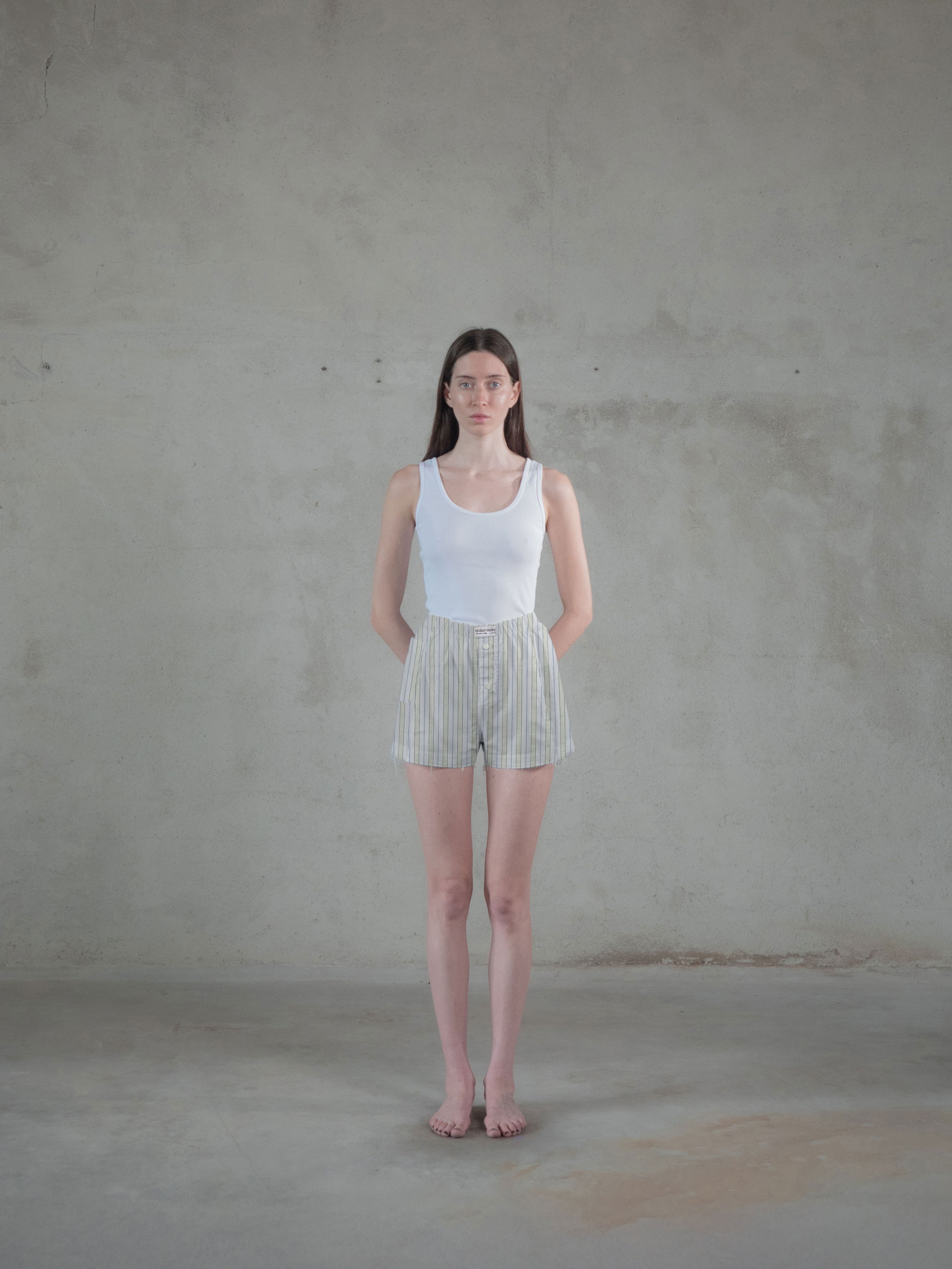 Regenerated Frayed Boxer - Sue White Beige Blue Stripes