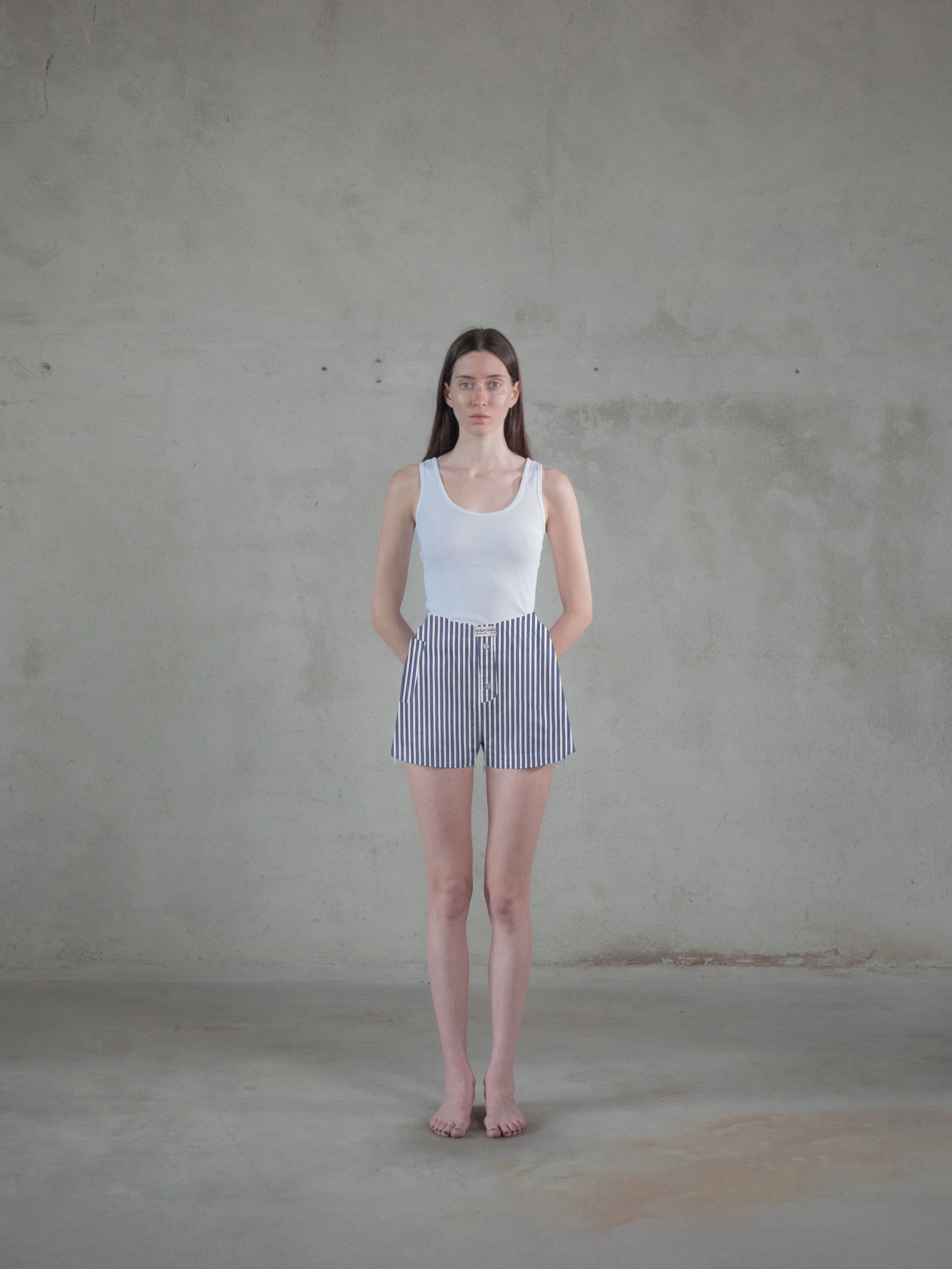 Regenerated Frayed Boxer - Sue White Blue Stripes